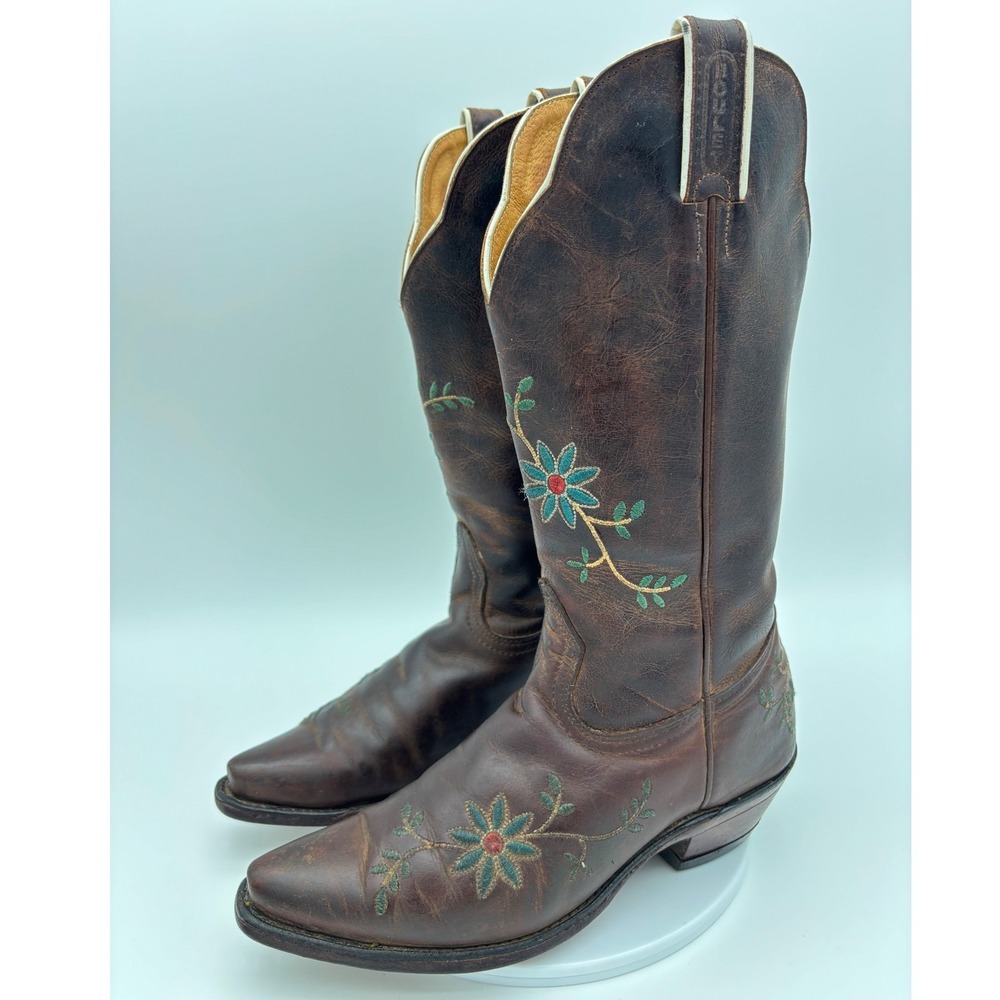 BOULET Flower Cowboy Boot Western Womens Brown Leather Pointed Snip Boho 6.5C